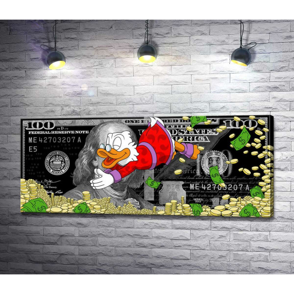 Скрудж Макдак ныряет в монеты на фоне 100 долларов