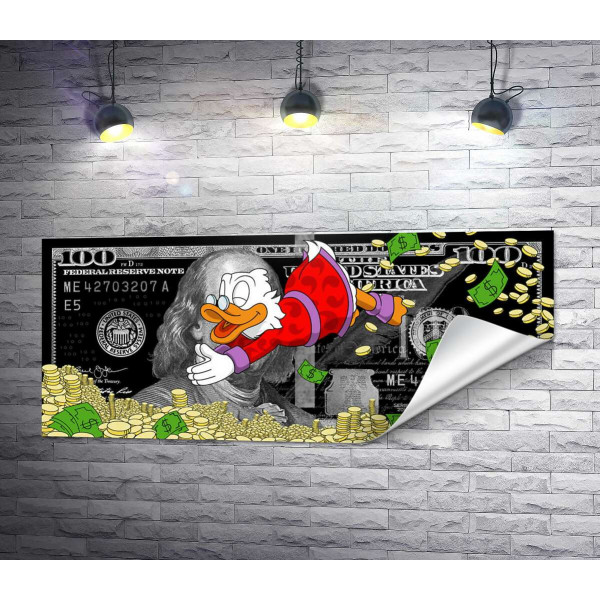 Скрудж Макдак ныряет в монеты на фоне 100 долларов