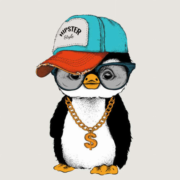 Модный пингвин-хипстер в кепке и с цепью