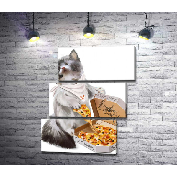 Довольный котенок и пицца