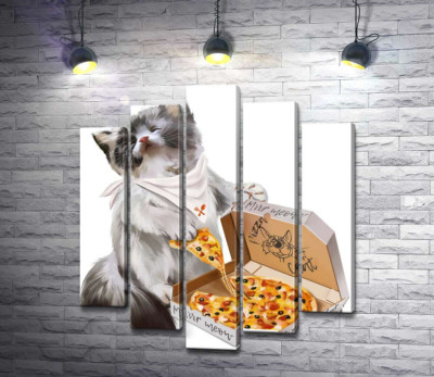 Модульная картина "Довольный котенок и пицца"