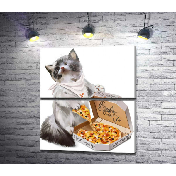 Довольный котенок и пицца