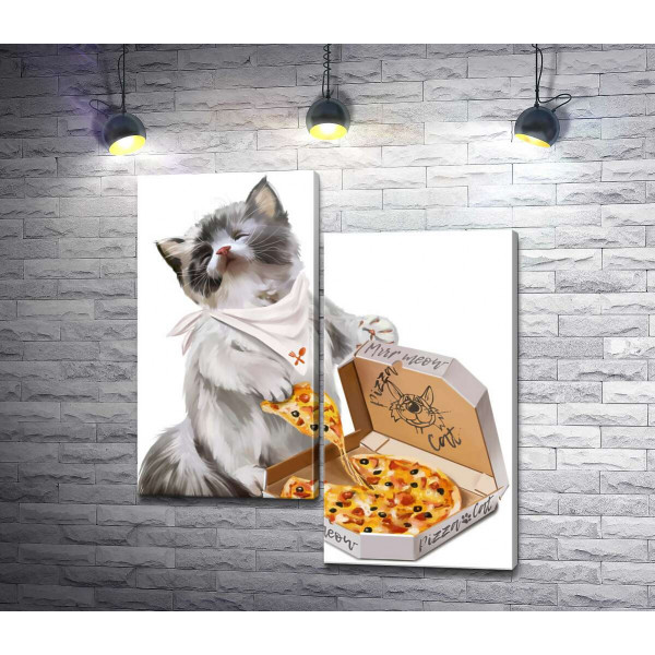Задоволене кошеня та піца