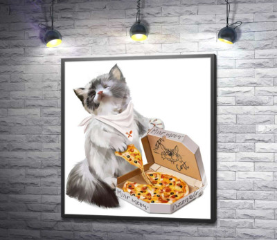 Постер "Довольный котенок и пицца"