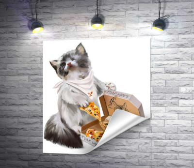 Довольный котенок и пицца