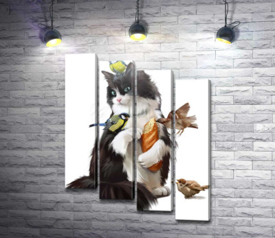 Модульная картина "Кот кормит птичек"