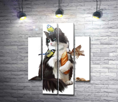Модульная картина "Кот кормит птичек"