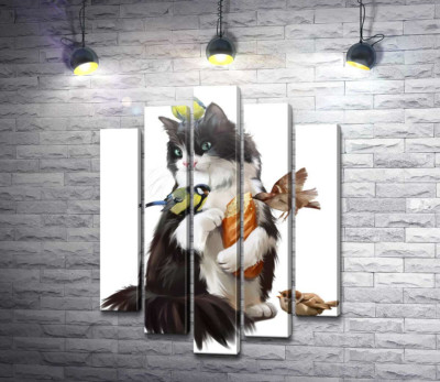 Модульная картина "Кот кормит птичек"