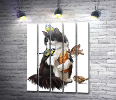 Кот кормит птичек