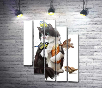 Кот кормит птичек