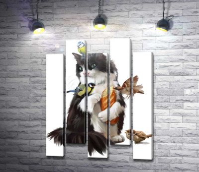 Модульная картина "Кот кормит птичек"