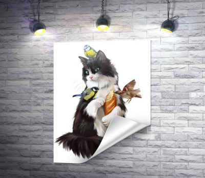 Кот кормит птичек