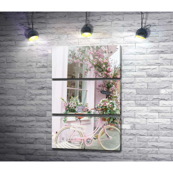 Розовый велосипед возле уютного фасада с цветами