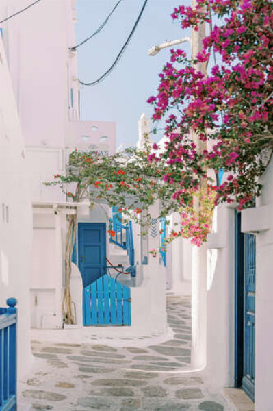 Белые уютные греческие улочки с розовыми цветами