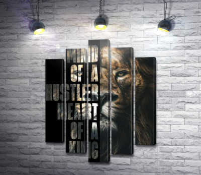 Модульна картина "Лев і напис "Mind of a hustler, heart of a king""