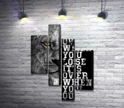 Лев і напис "It's not over when you lose, it's over when you quit"