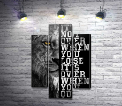 Лев і напис "It's not over when you lose, it's over when you quit"