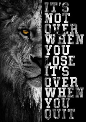 Лев і напис "It's not over when you lose, it's over when you quit"