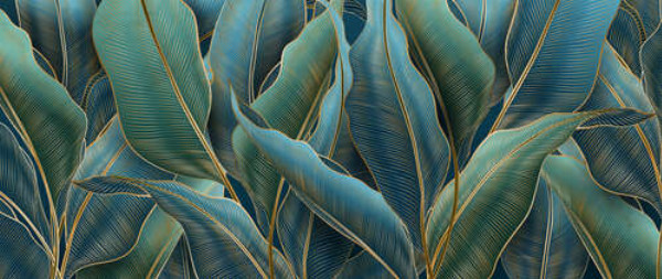 Тропические банановые листья в бирюзово-золотистых тонах