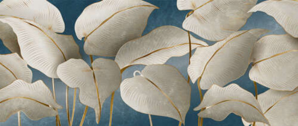 Тропические листья в бело-золотом стиле на синем фоне