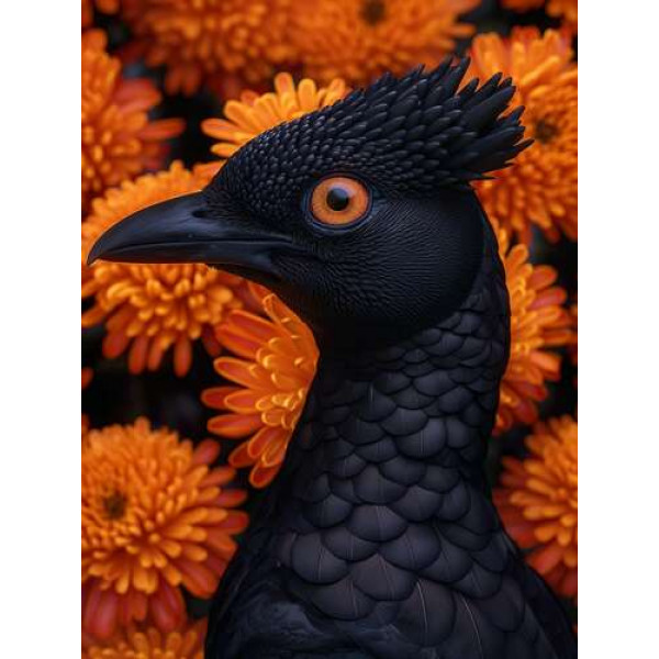 Чорний птах на фоні помаранчевих квітів