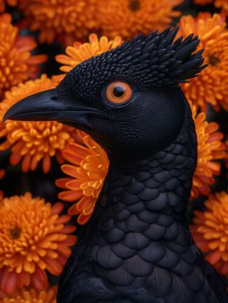 Черная птица на фоне оранжевых цветов