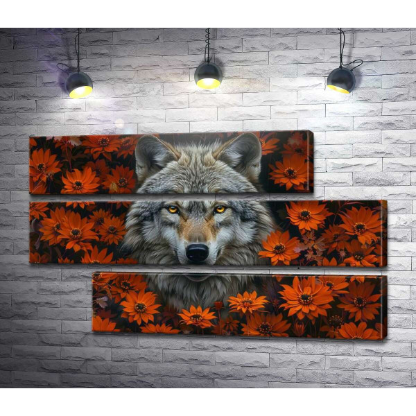 Серый волк в оранжевых цветах
