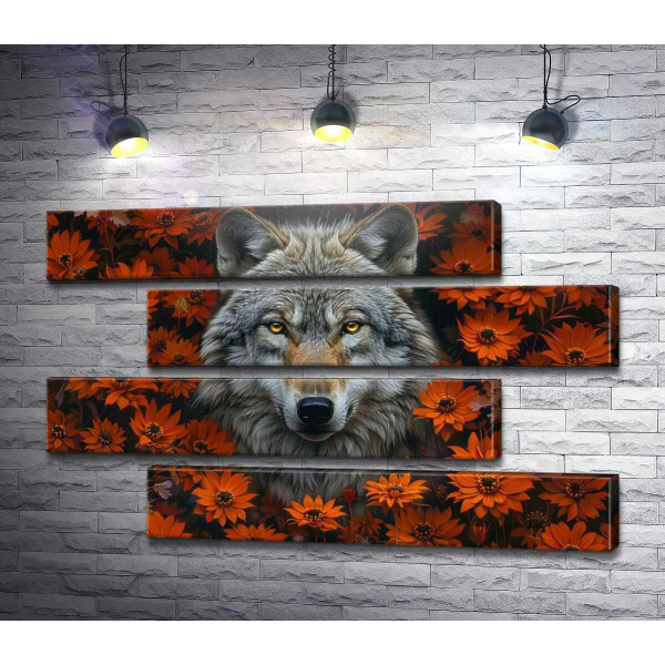 Серый волк в оранжевых цветах
