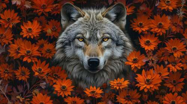 Сірий вовк у помаранчевих кольорах