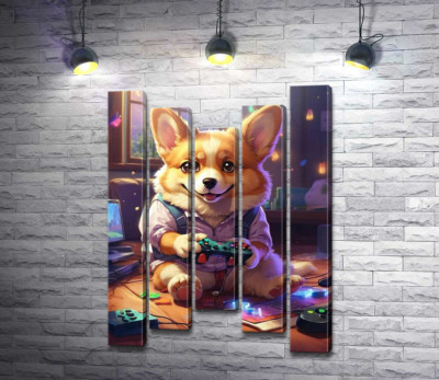 Щенок корги, играющий в видеоигры