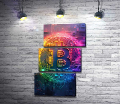Модульна картина "Абстрактний знак біткоїну у райдужному оформленні"