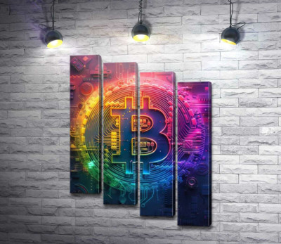 Модульная картина "Абстрактный знак биткоина в радужном оформлении"