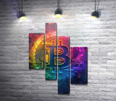 Модульная картина "Абстрактный знак биткоина в радужном оформлении"