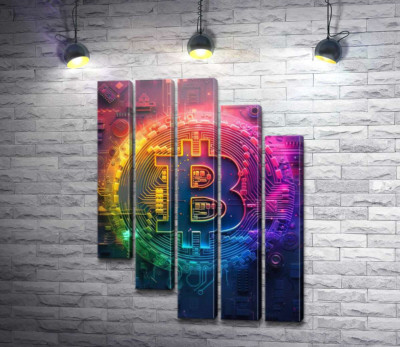 Модульная картина "Абстрактный знак биткоина в радужном оформлении"