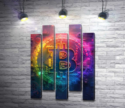 Модульная картина "Абстрактный знак биткоина в радужном оформлении"