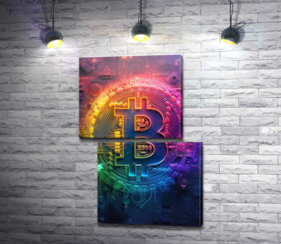 Модульная картина "Абстрактный знак биткоина в радужном оформлении"