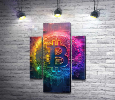 Модульная картина "Абстрактный знак биткоина в радужном оформлении"