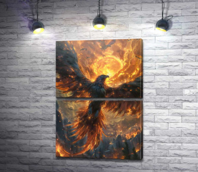 Модульна картина "Фенікс на тлі вогняного сонця"