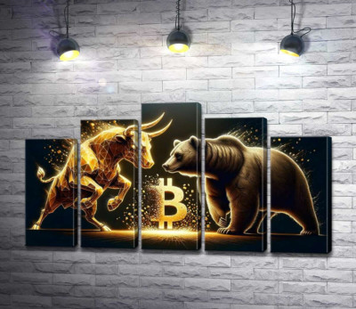Бык против медведя на фоне биткоина