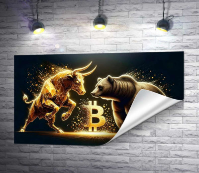 Бык против медведя на фоне биткоина