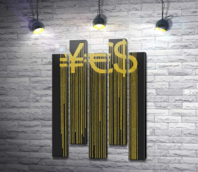 Модульная картина "YES: йена, евро и доллар в золотых потеках"