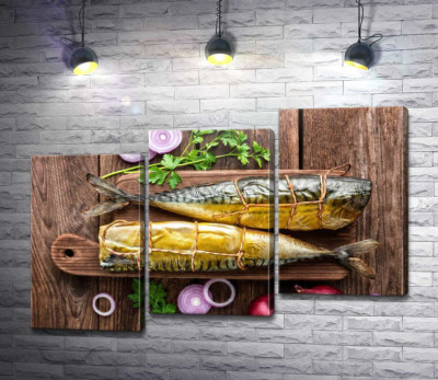 Модульная картина "Аппетитная скумбрия на кухонной доске"