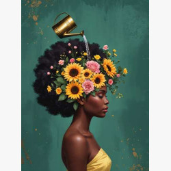 Сюррреалистичный образ афро девушки с цветами в волосах
