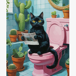 Черный кот на розовом унитазе читает газету