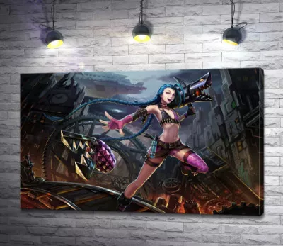 Героиня игры League of Legends, хулиганка Джинкс, на фоне разрушенного города