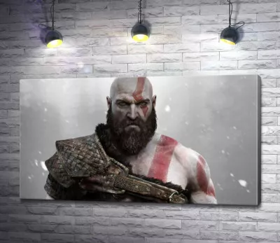 Угрожающая сила спартанца Кратоса (Kratos) – героя видеоигры "Бог войны" (God of War)
