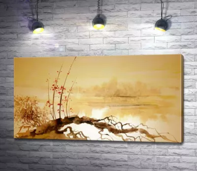 Крючковатые корни дерева сакуры пускают корни в воду
