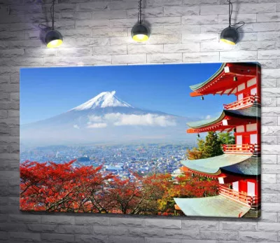Осінній вид на гору Фудзі (Mount Fuji) поряд з мальовничою будевлею пагоди