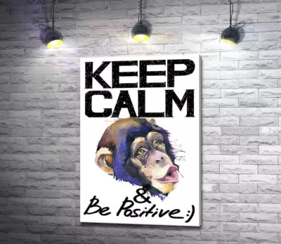 Мордочка обезьяны среди надписи "keep calm and be positive"