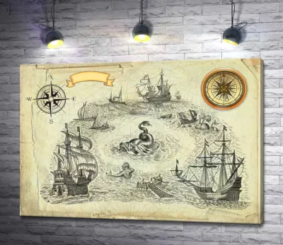 Старовинний пергамент із зображенням кораблів та морського чудовиська
